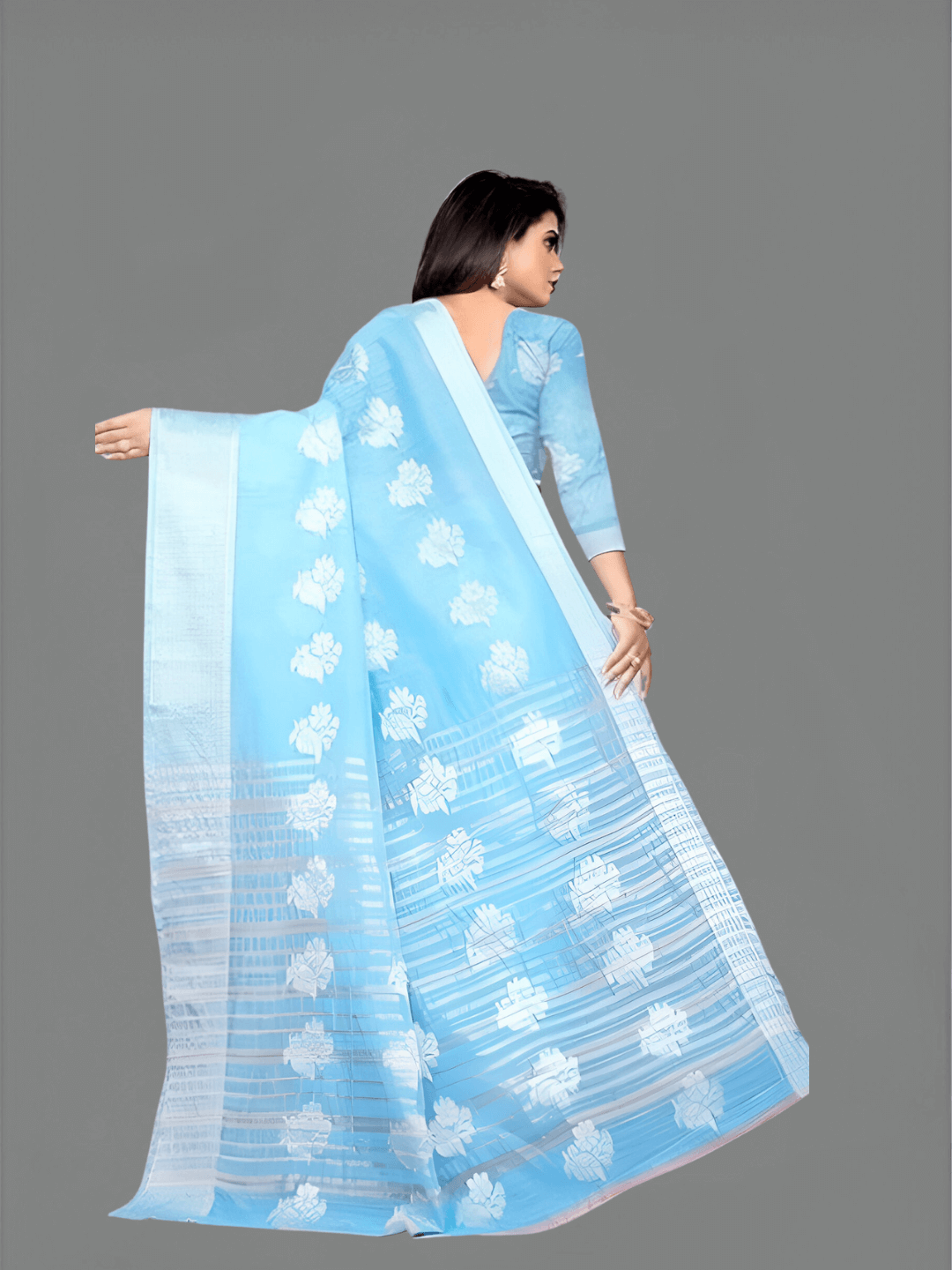 Elegant back drape of sky blue saree with pleated pallu
