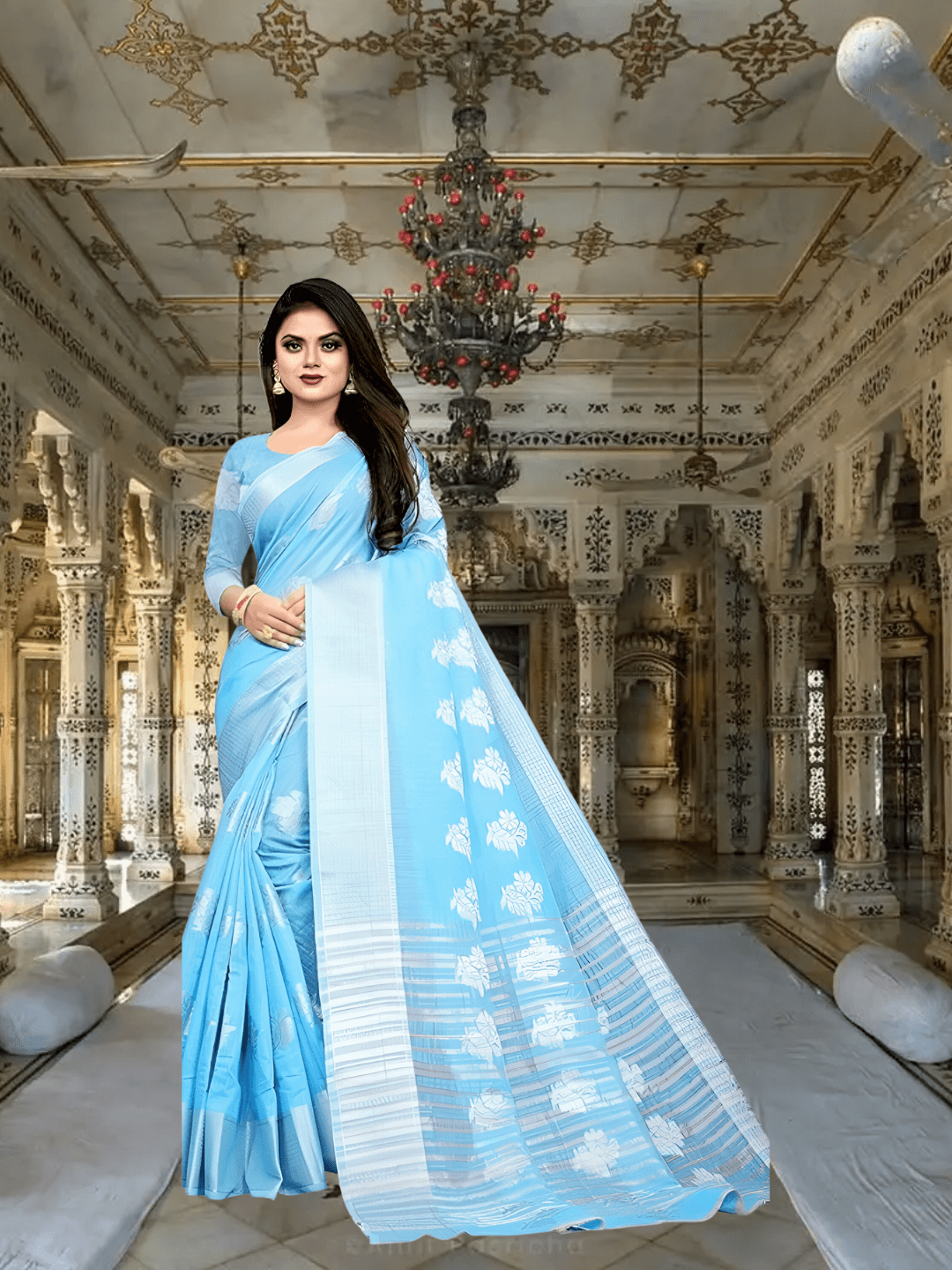 Young woman wearing sky blue cotton silk saree for daytime wedding - lightweight breathable fabric