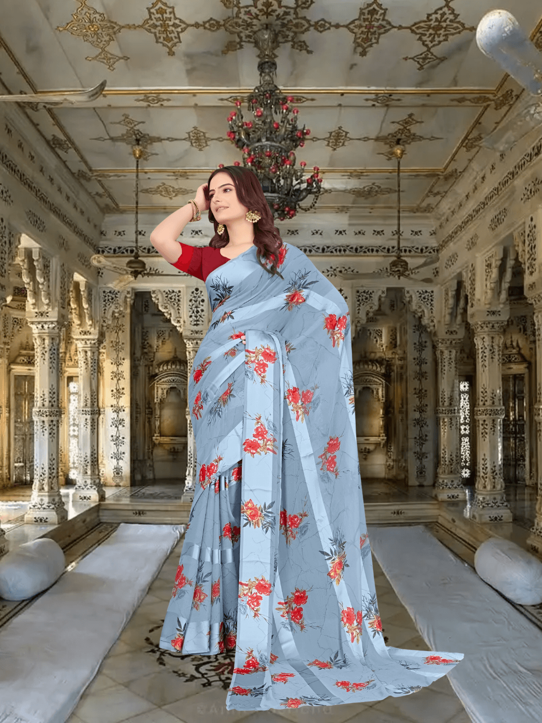 Light blue satin patta saree with crimson blouse by lake