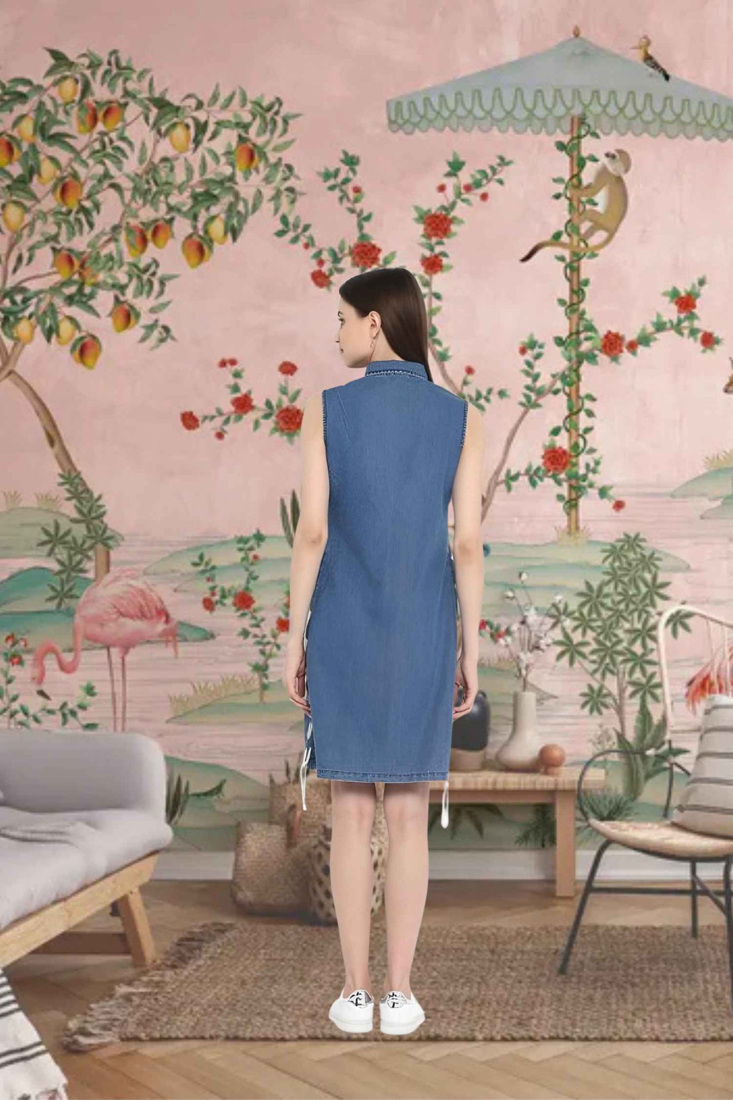 Back shot showing clean denim tailoring