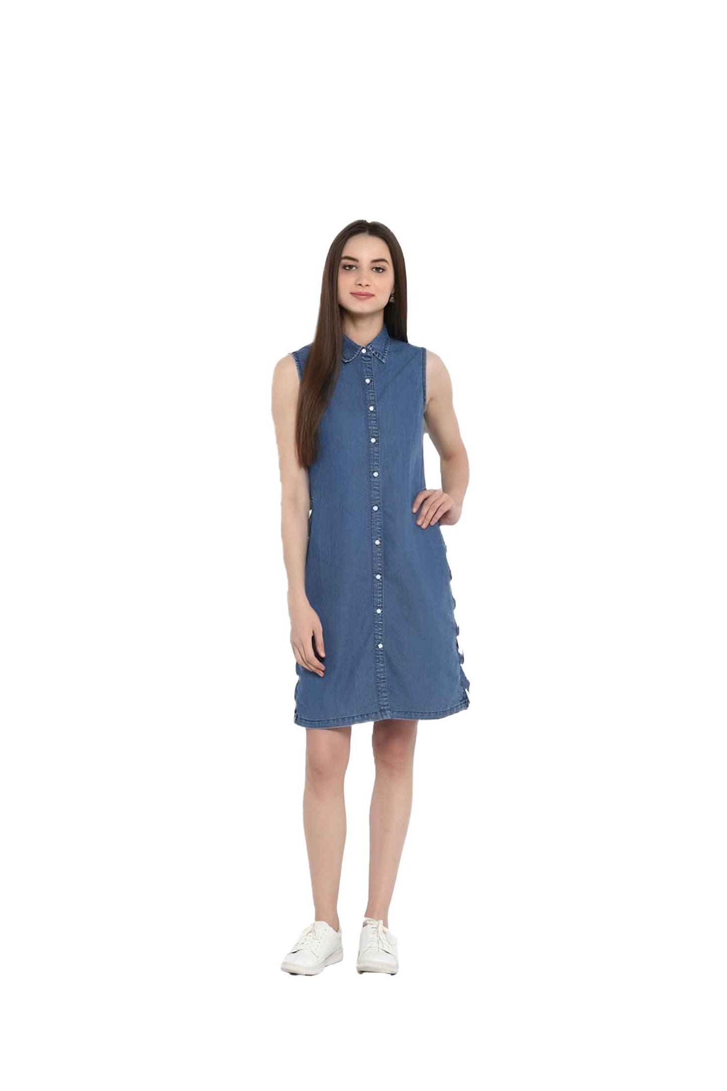Sleeveless denim dress isolated, front view