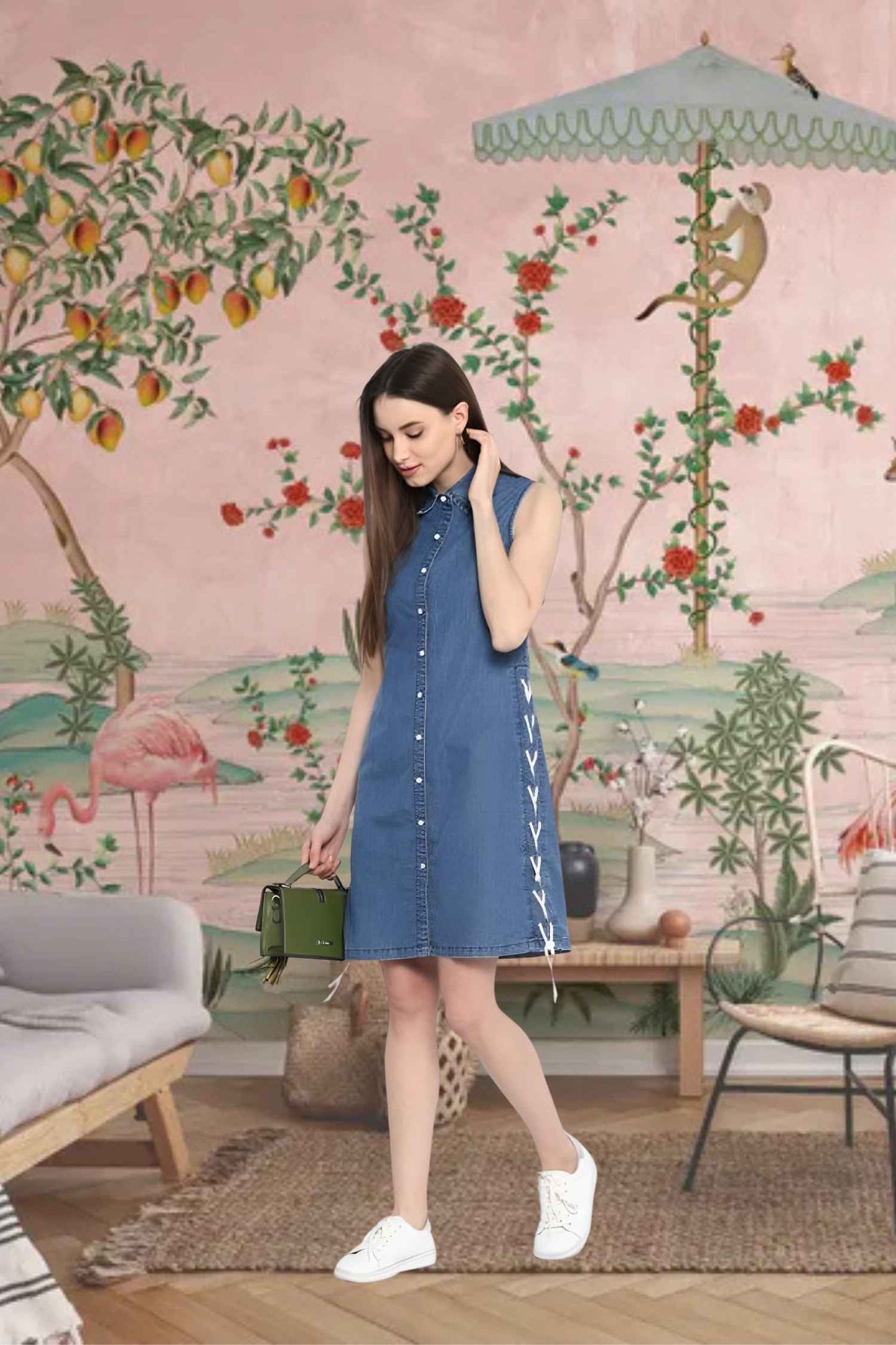 Side profile capturing dress’s breezy movement