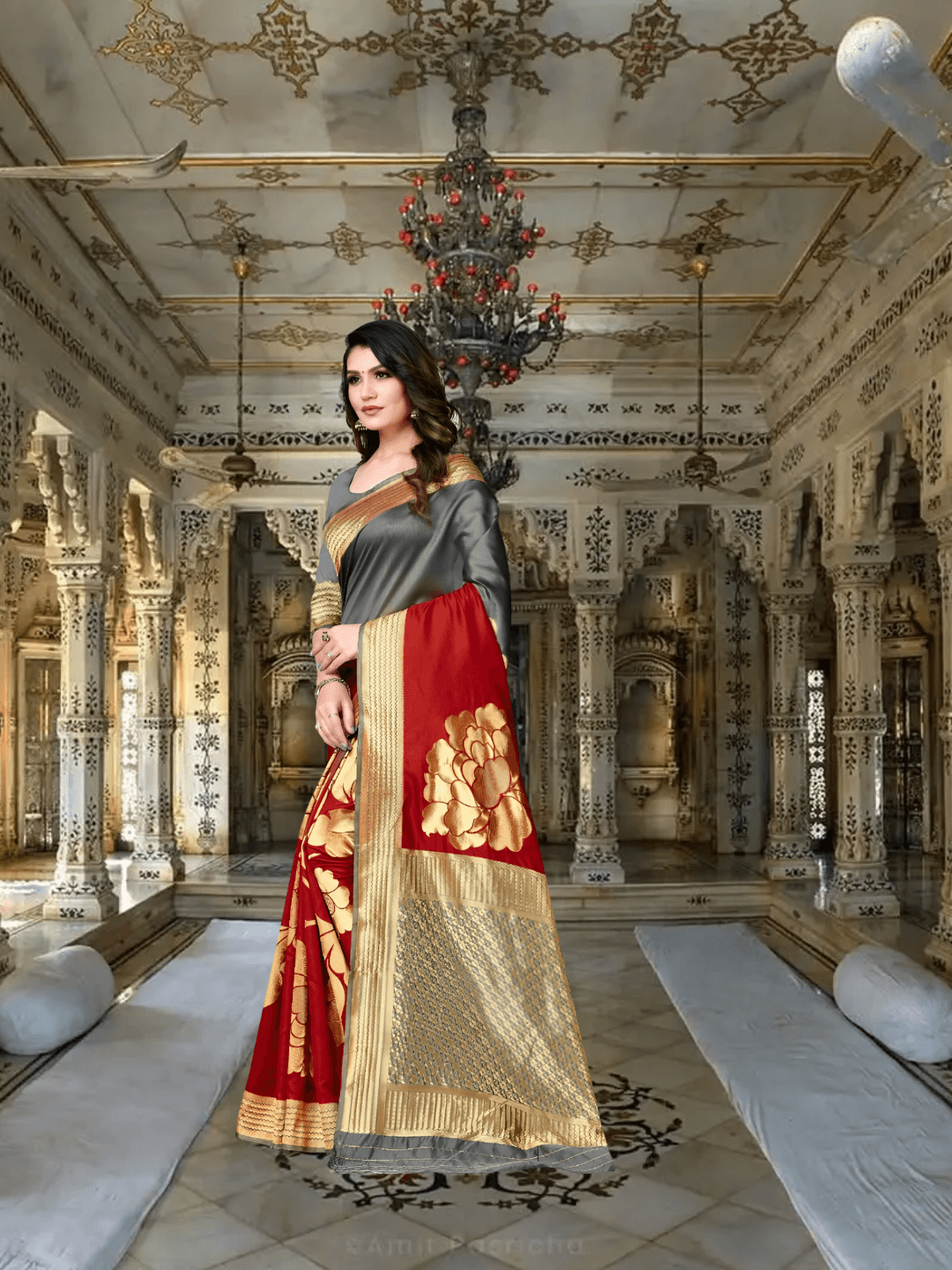 Grey-red saree at twilight, gold border burning like last sunlight