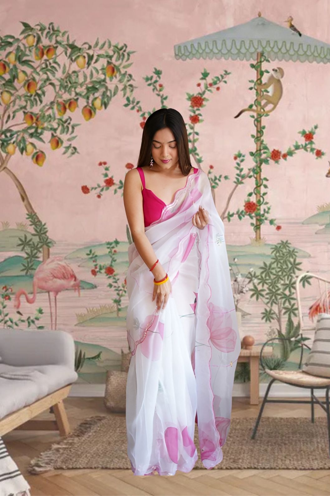 White organza saree front view with floral print