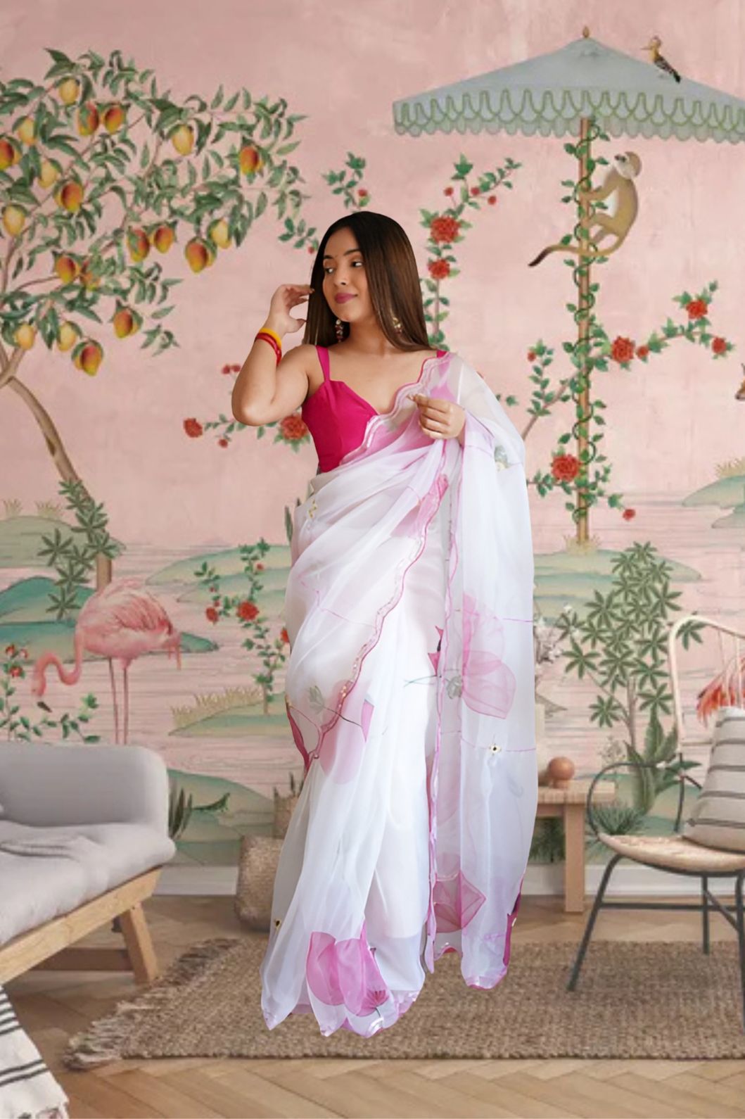 White organza saree front view with floral print