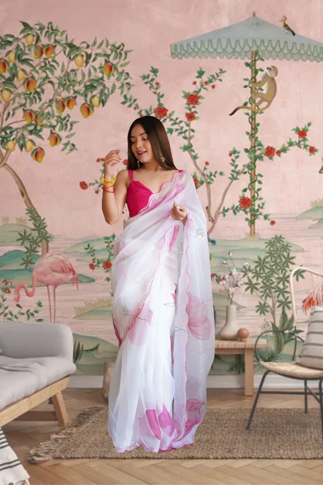 White organza saree front view with floral print