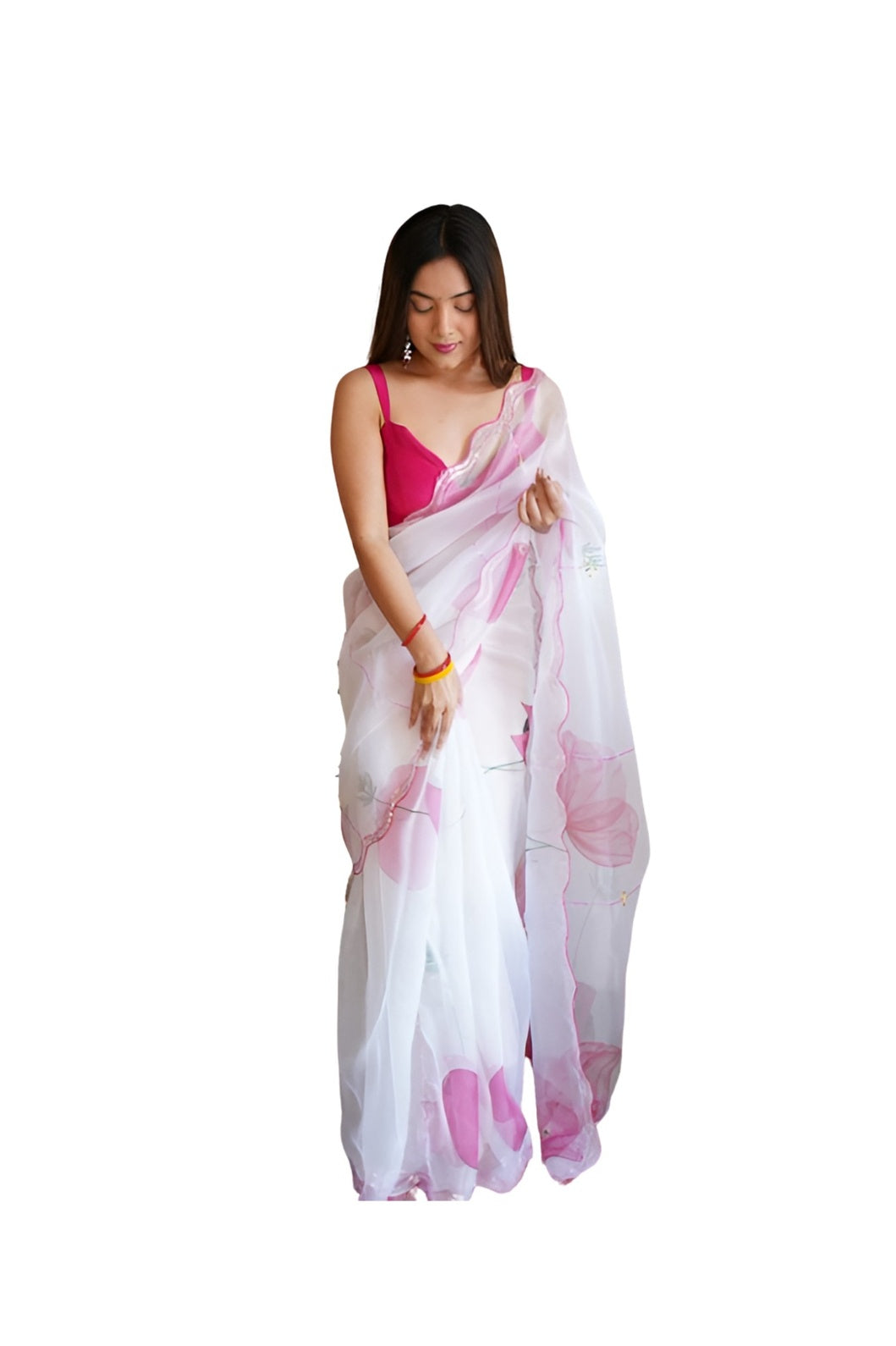 White organza saree front view with floral print
