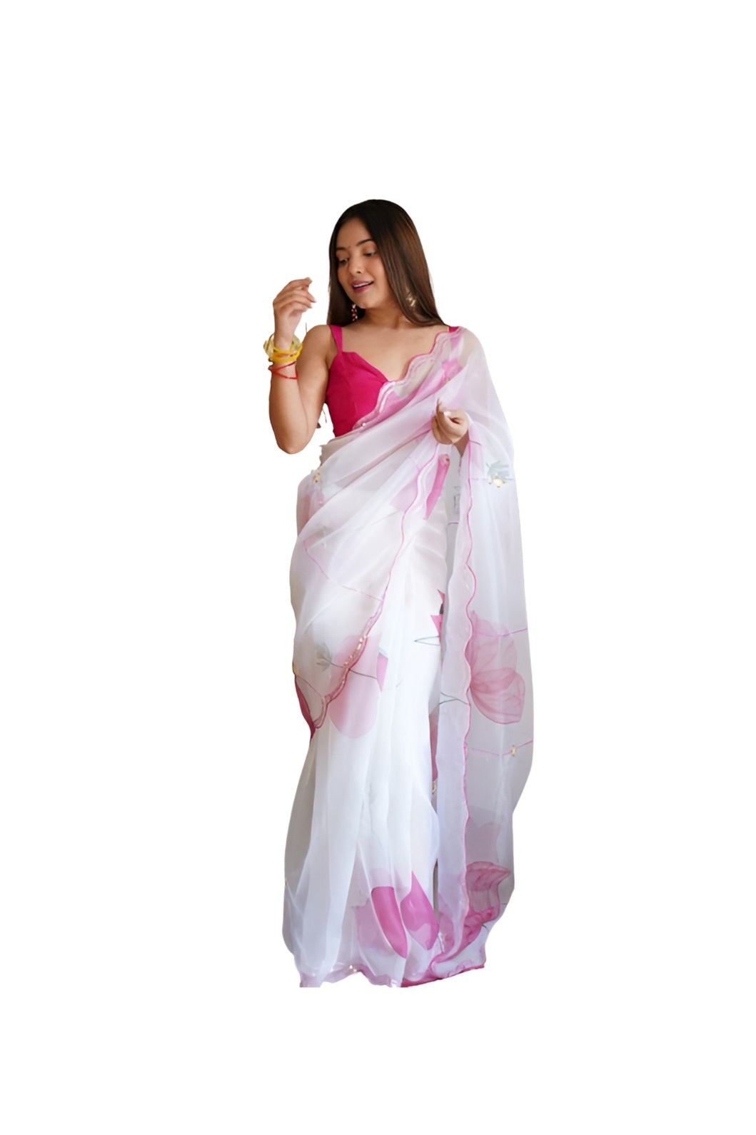 White organza saree front view with floral print