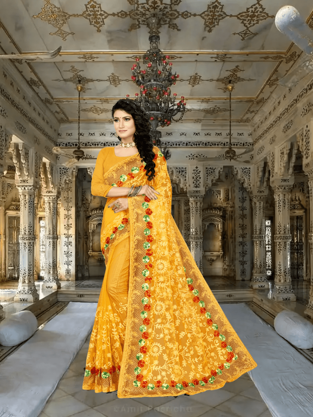 Yellow net saree glowing under palace torches, golden embroidery catching firelight