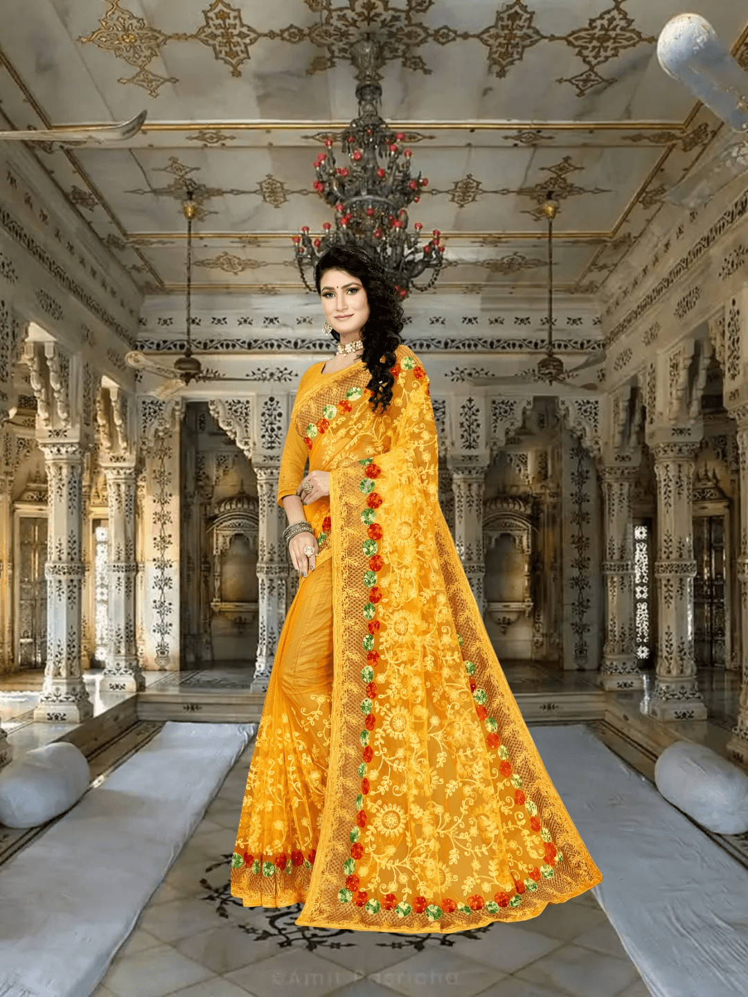 Close-up of yellow net on skin, intricate stitching forming radiant constellations