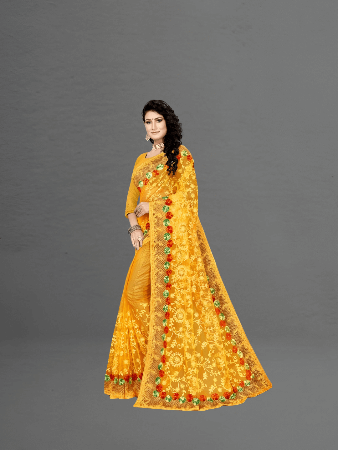 Macro embroidery shot, yellow threads forming botanical lace