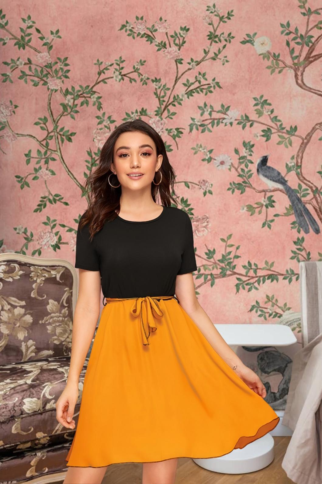 Front view of The Solar Requiem dress with yellow skirt and black top