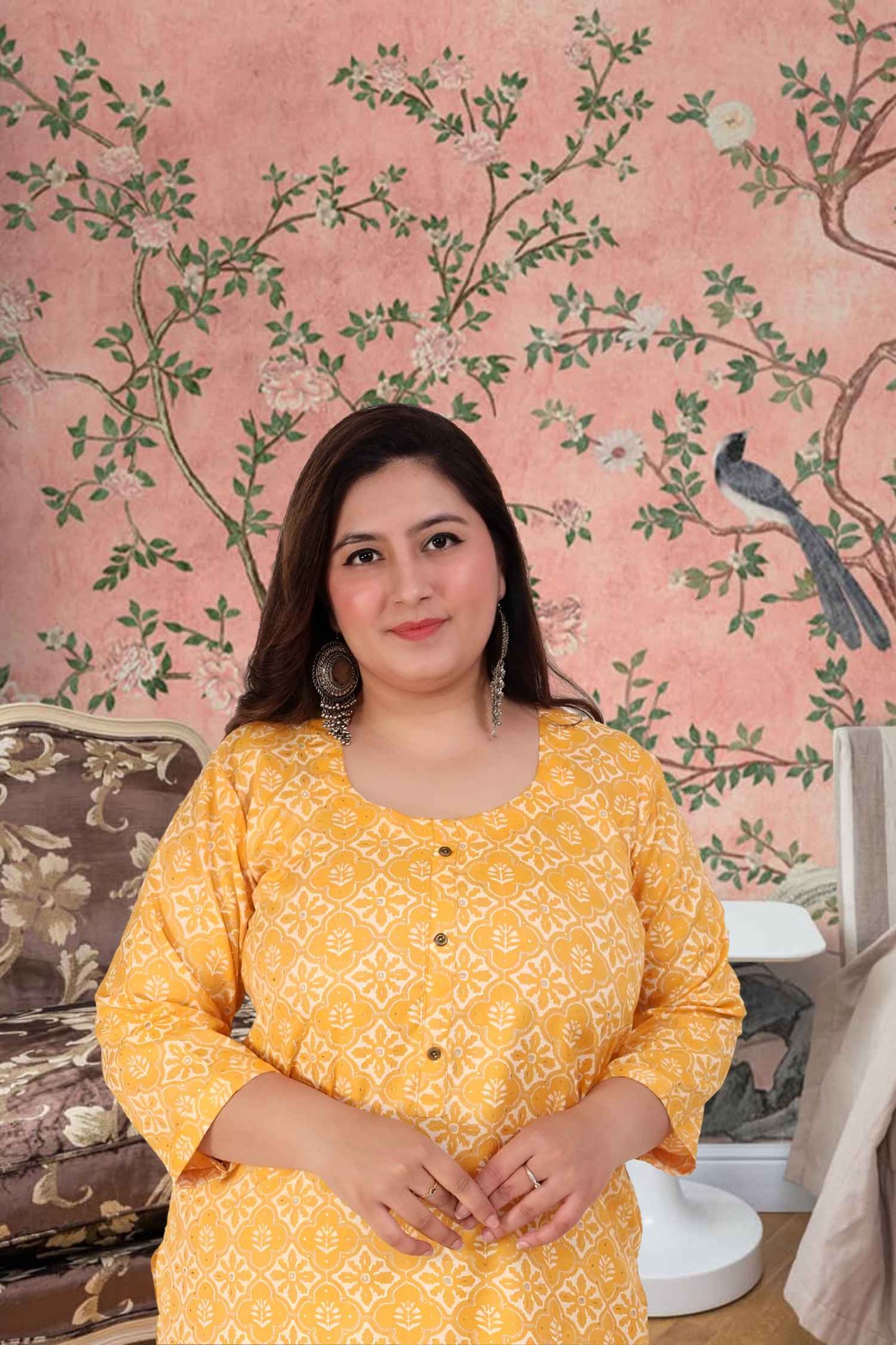 Front view: Golden kurti glowing under soft sunlight 🌅