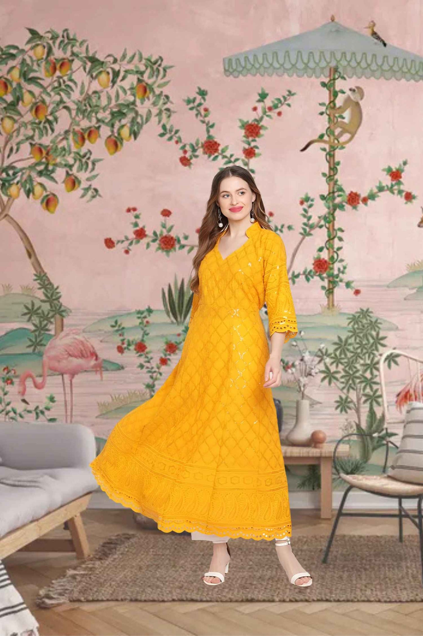 Front view: Mustard kurti under autumn sunlight