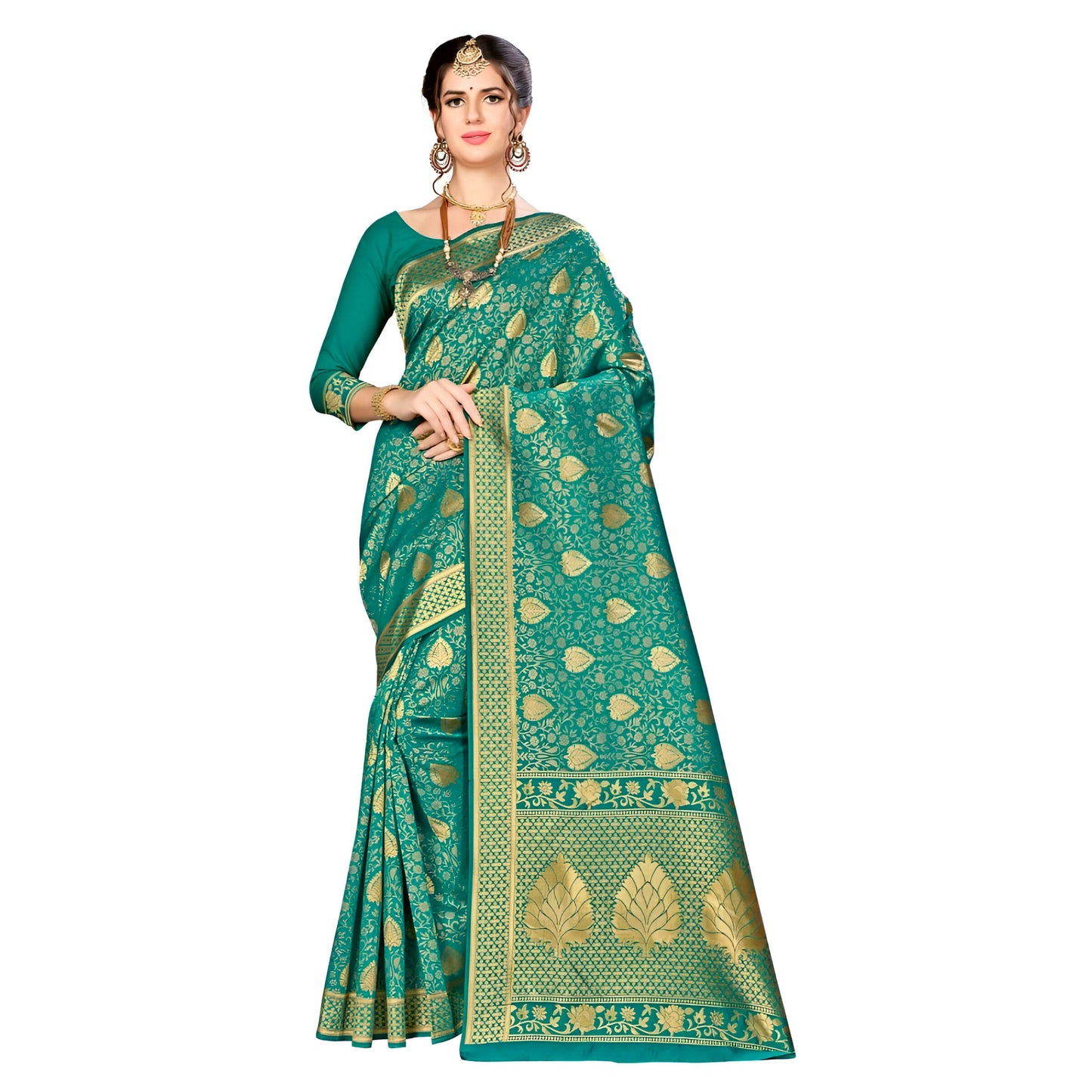 Full-length studio image of green Banarasi silk saree with gold abstract work