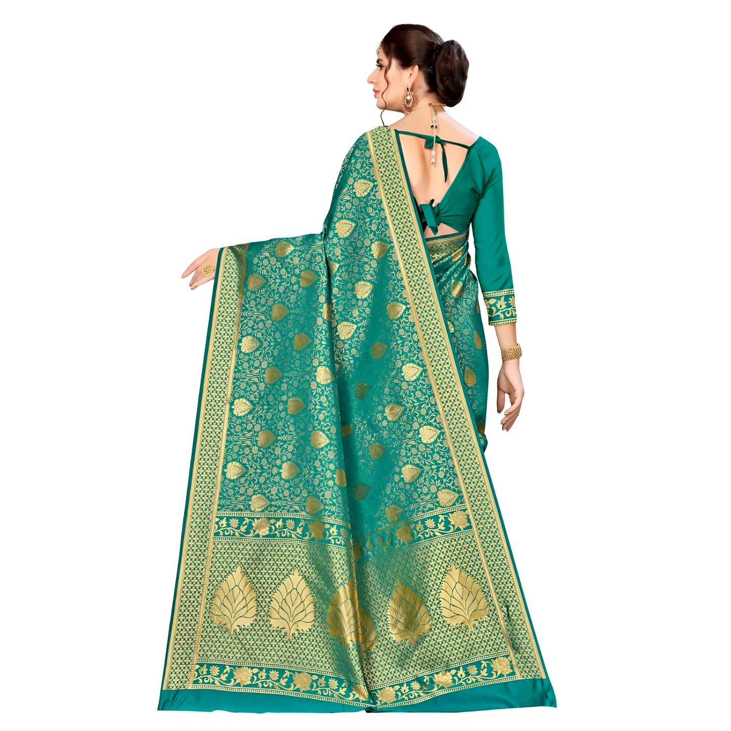 Detailed studio view of gold pallu and motifs on green Banarasi saree