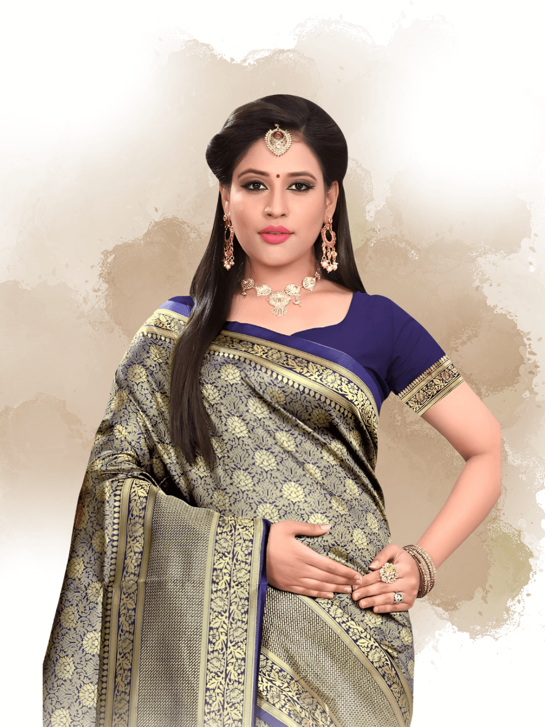 Royal blue blouse with golden Banarasi saree in majestic interior