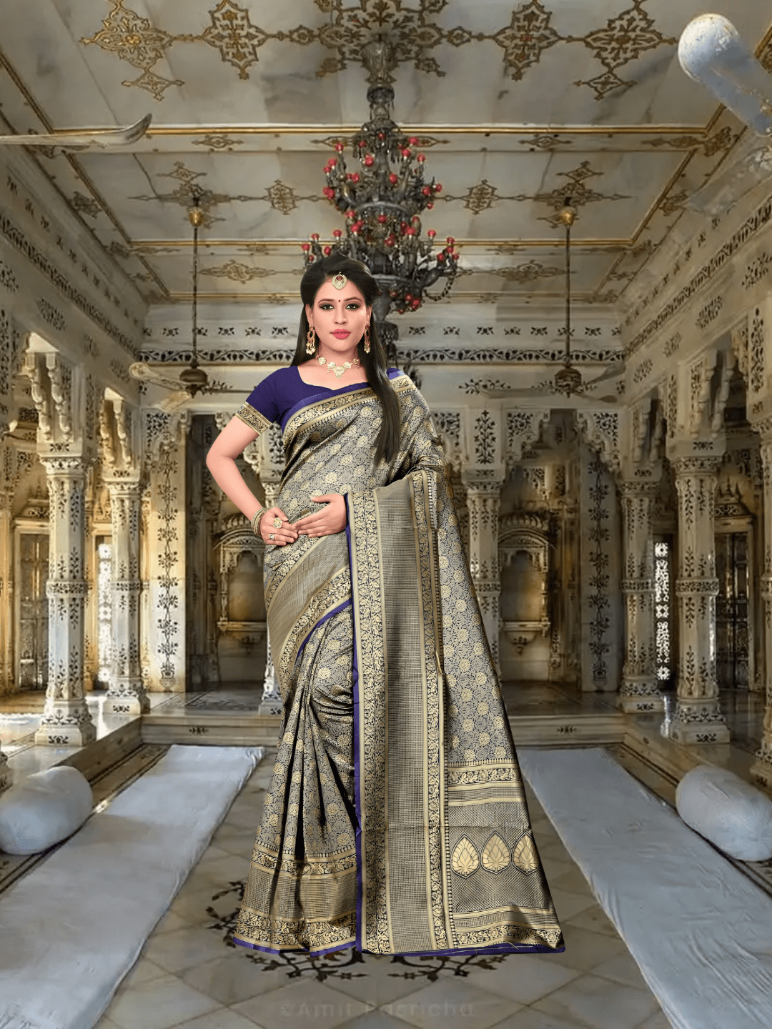 Model in golden Banarasi silk saree with abstract motifs in palace backdrop