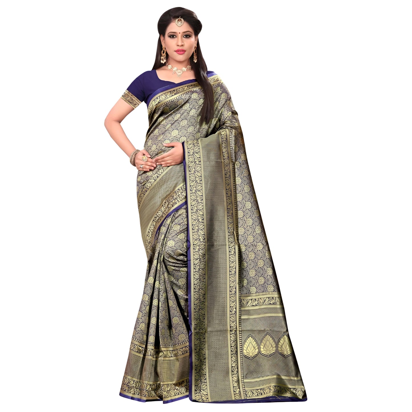 Full view of gold Banarasi silk saree paired with royal blue blouse