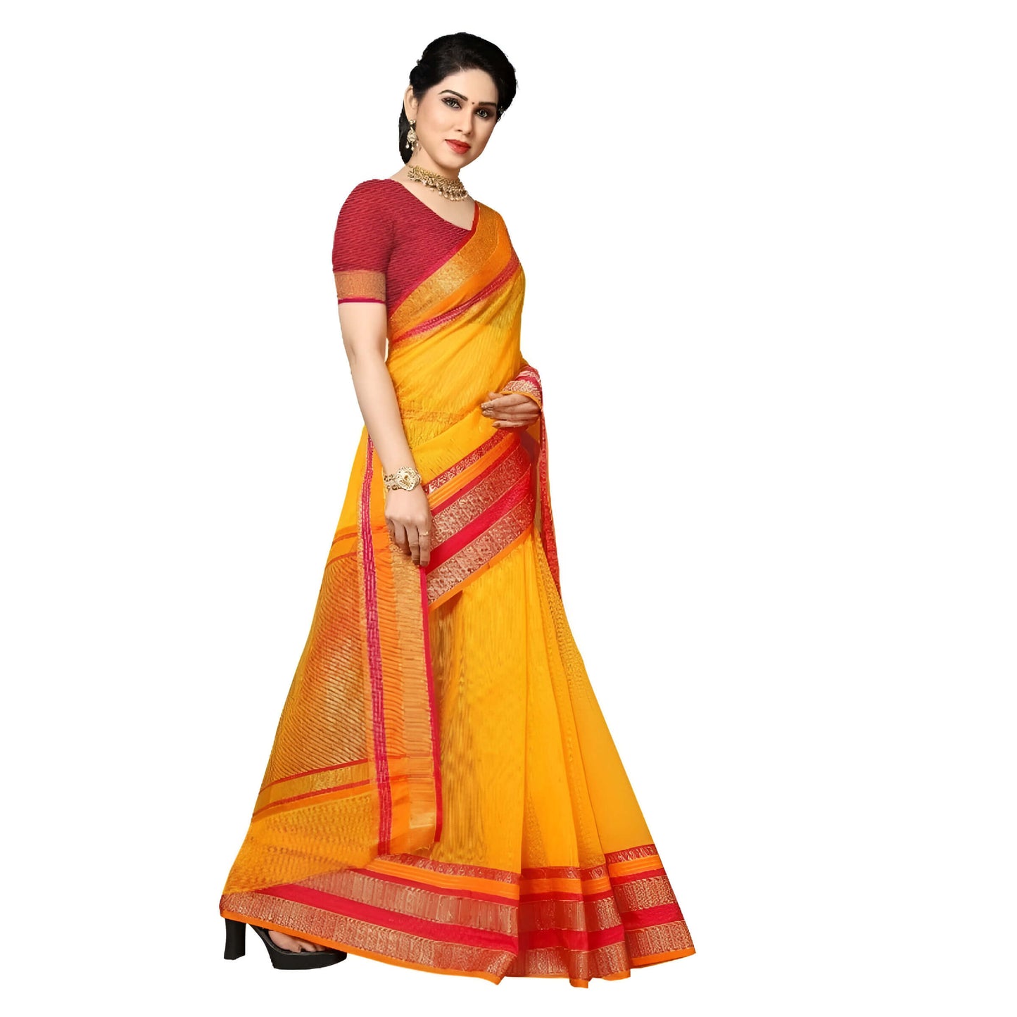 Flat lay of yellow saree with vibrant gold-pink edge on studio white