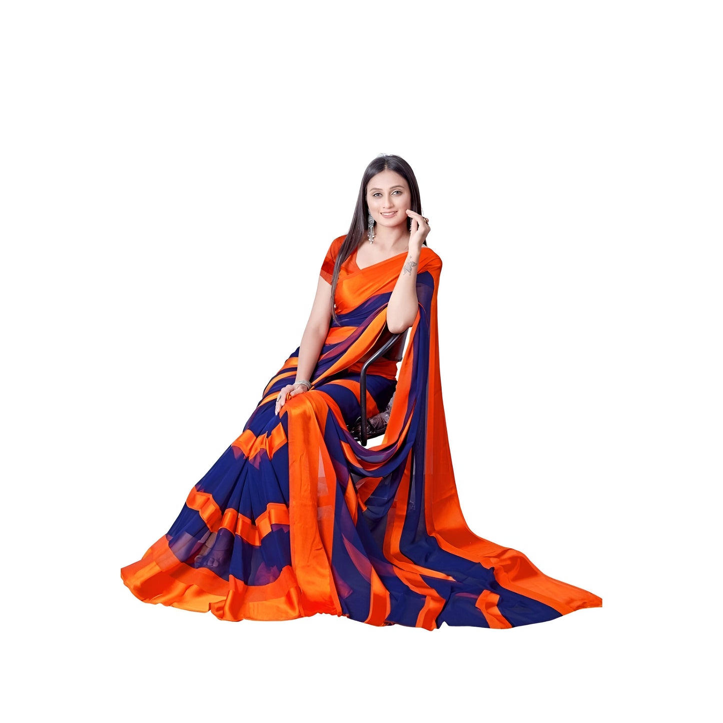 Model seated in orange-navy saree for minimalist wedding