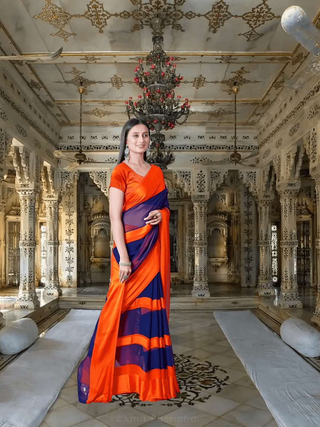 Bride walking in solid ombre saree with gradient pallu flow