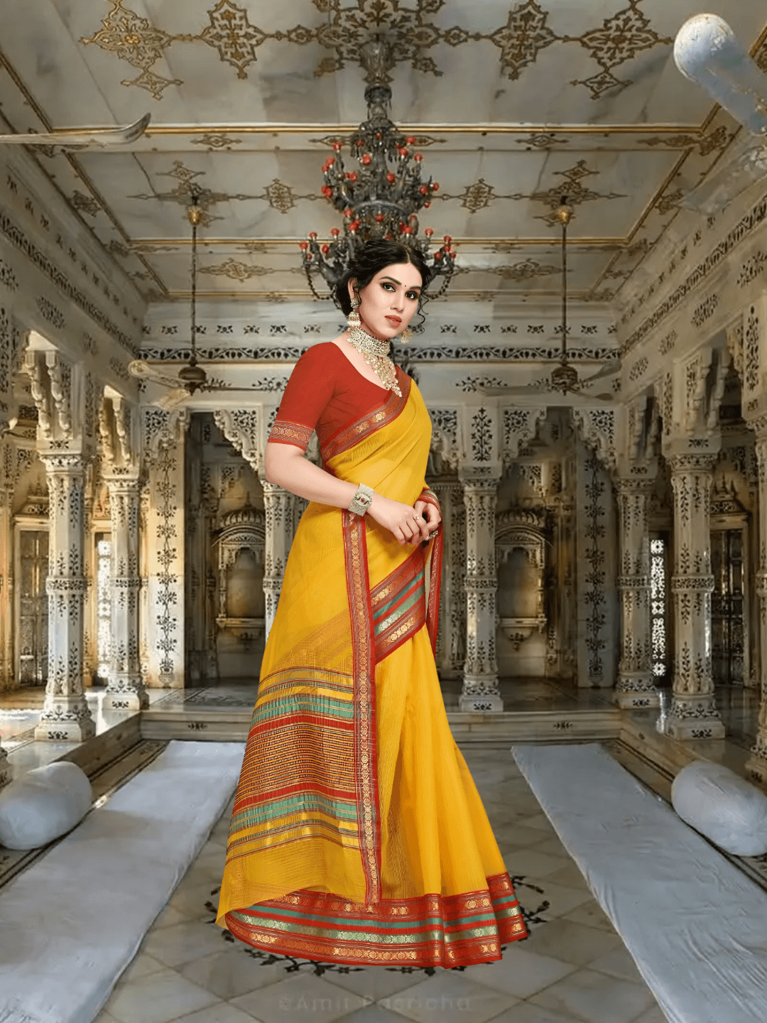 Close-up of saree pallu showcasing intricate border embroidery in gold, red, and green