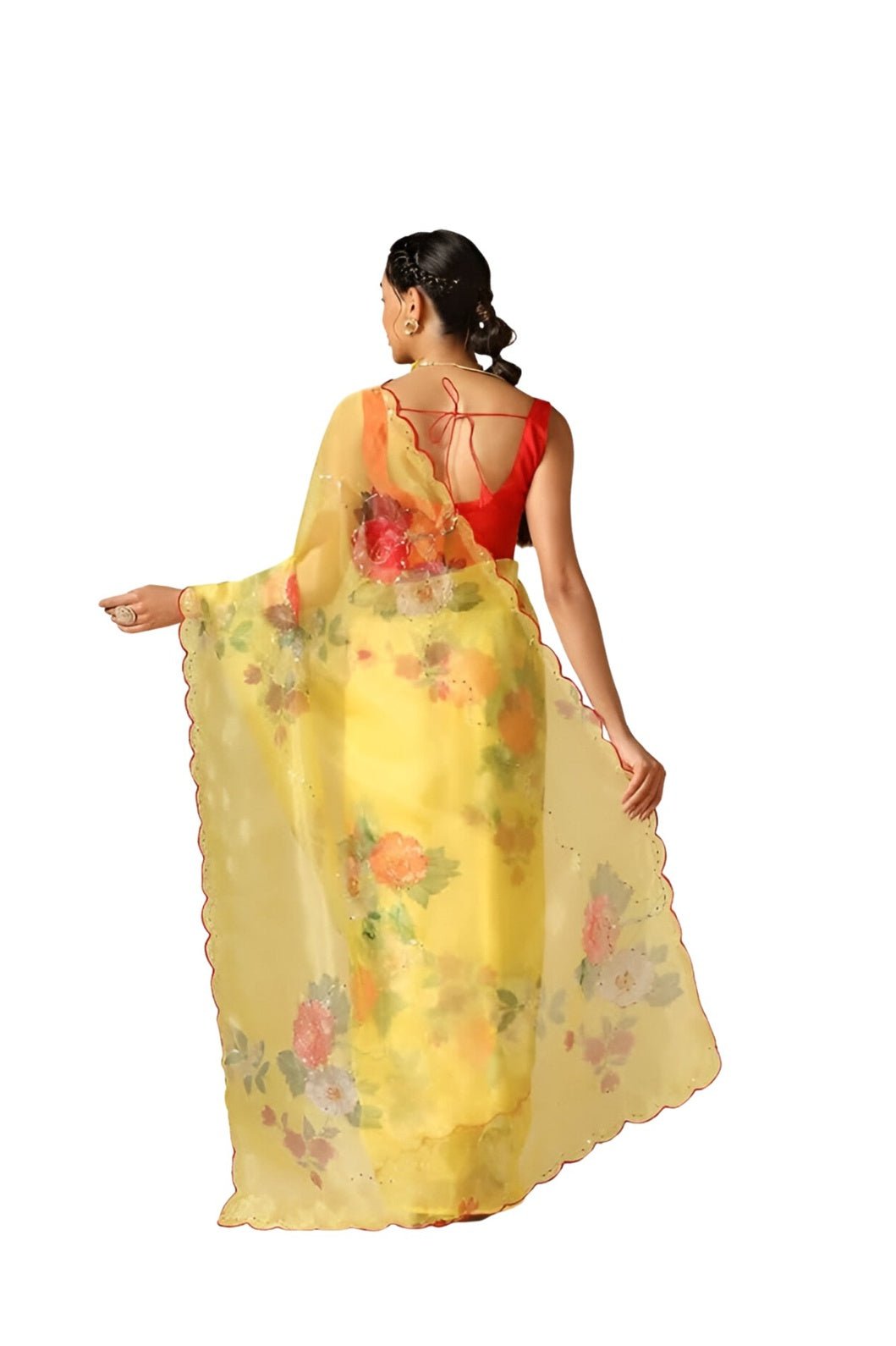 Back view showing the airy drape of the yellow printed saree