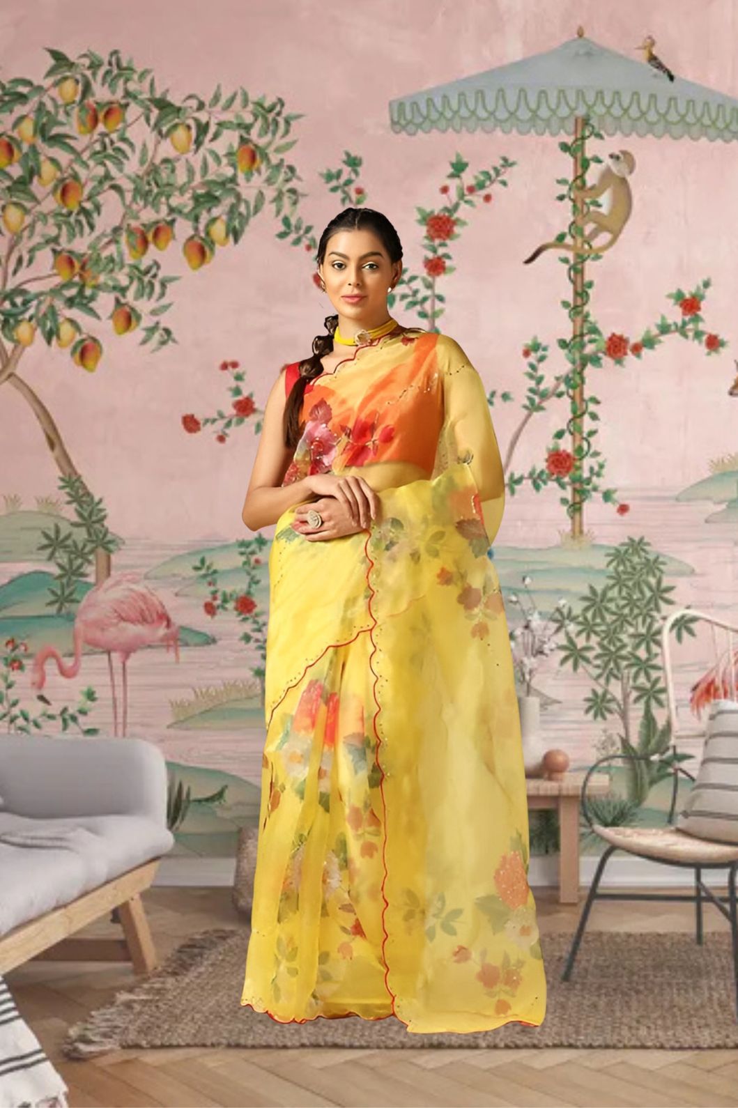 Front view of yellow organza saree with soft floral print