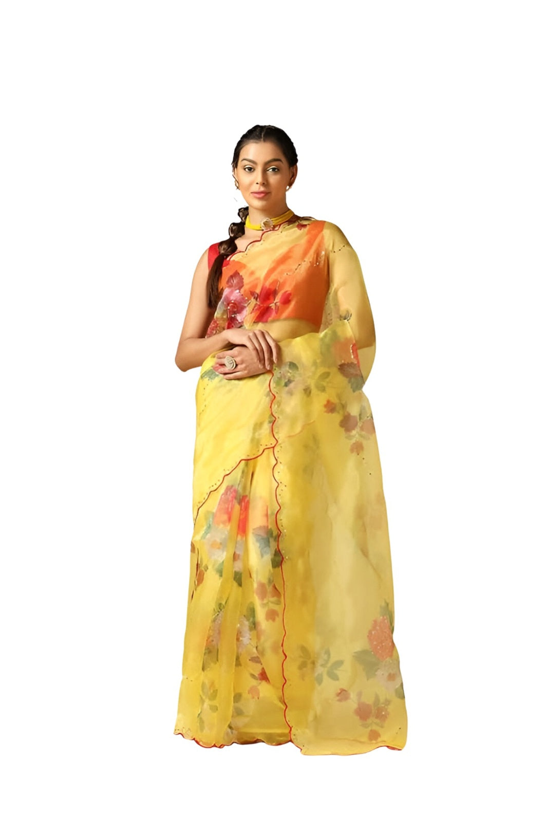 Front view of yellow organza saree with soft floral print