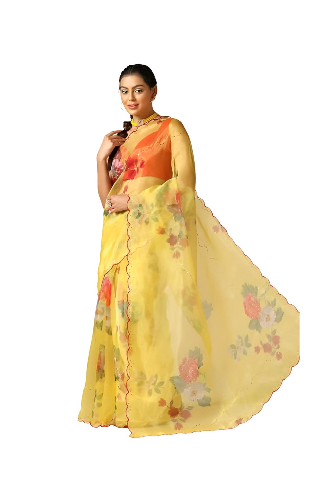 Right side view of sheer yellow saree highlighting texture