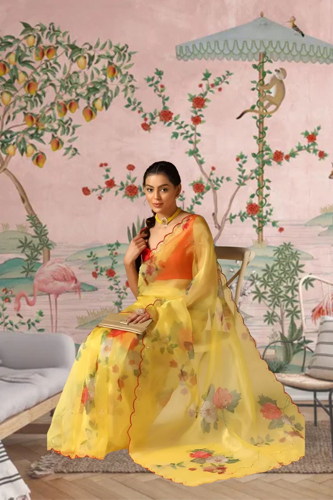 Closeup of blouse area and floral print near shoulders