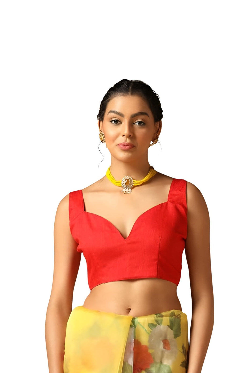 Closeup of blouse area and floral print near shoulders