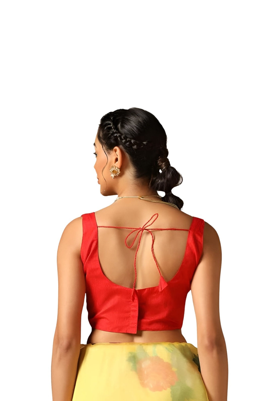 Closeup of blouse area and floral print near shoulders