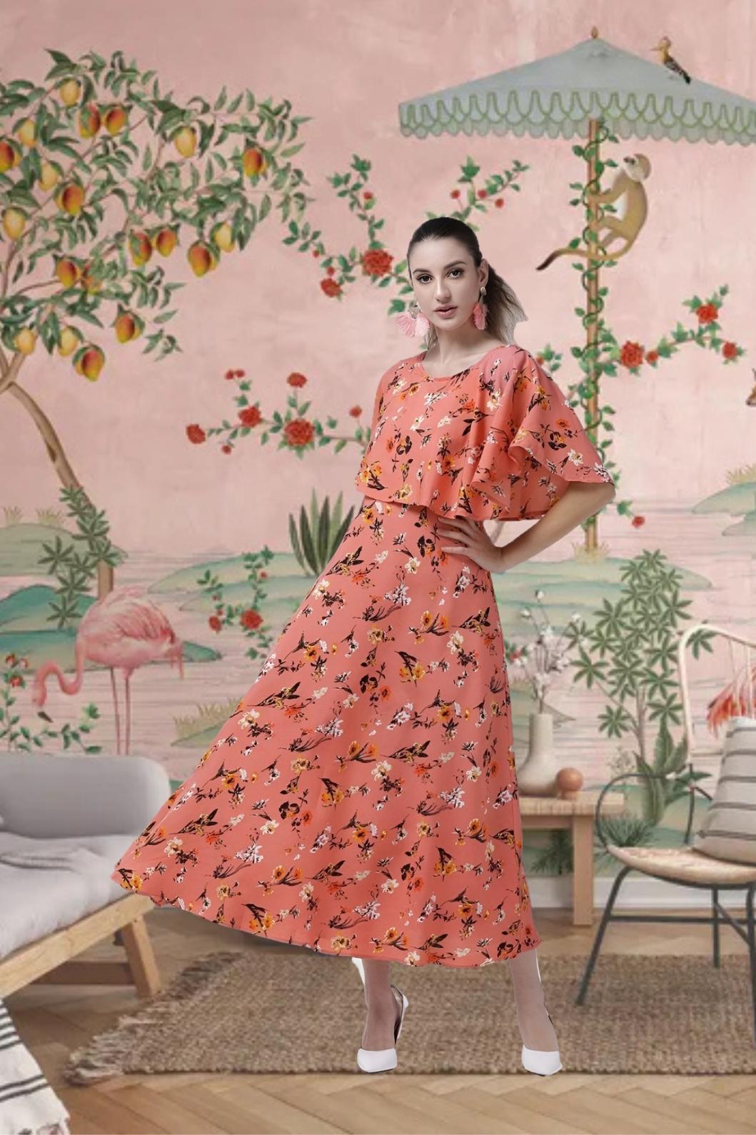 Front view of orange floral full-length crepe gown in palace interior