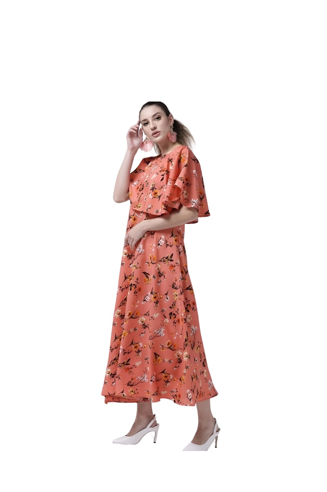 Right angle studio view of CELESTINA orange floral full-length gown