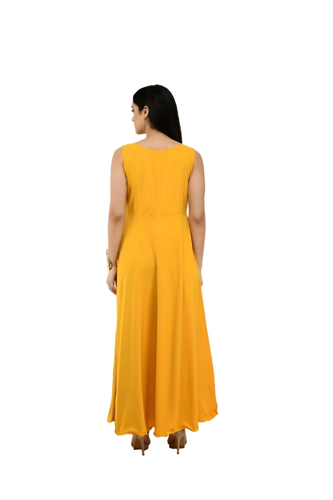 Back studio shot of vibrant yellow full-length gown
