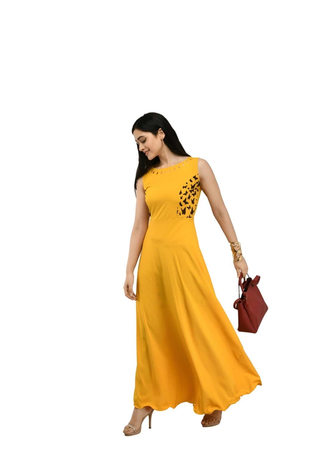 Studio right profile of bright yellow floor-length gown