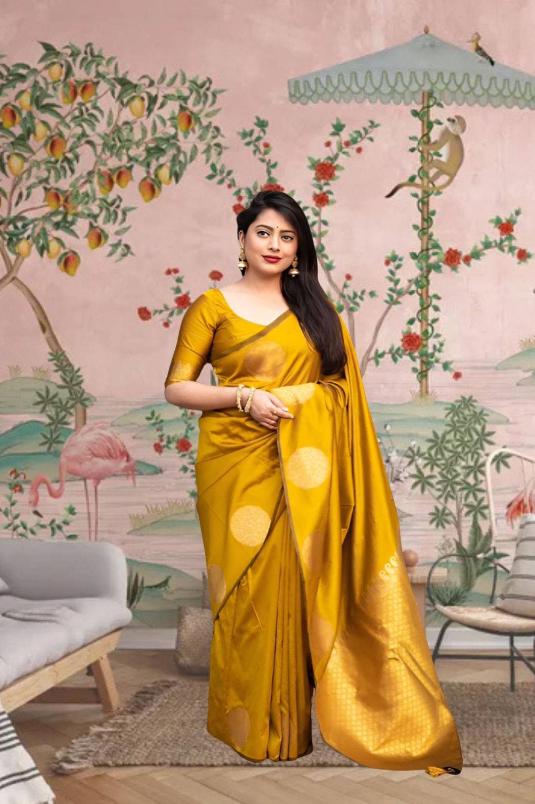 Front view of yellow silk printed saree glowing in regal setting