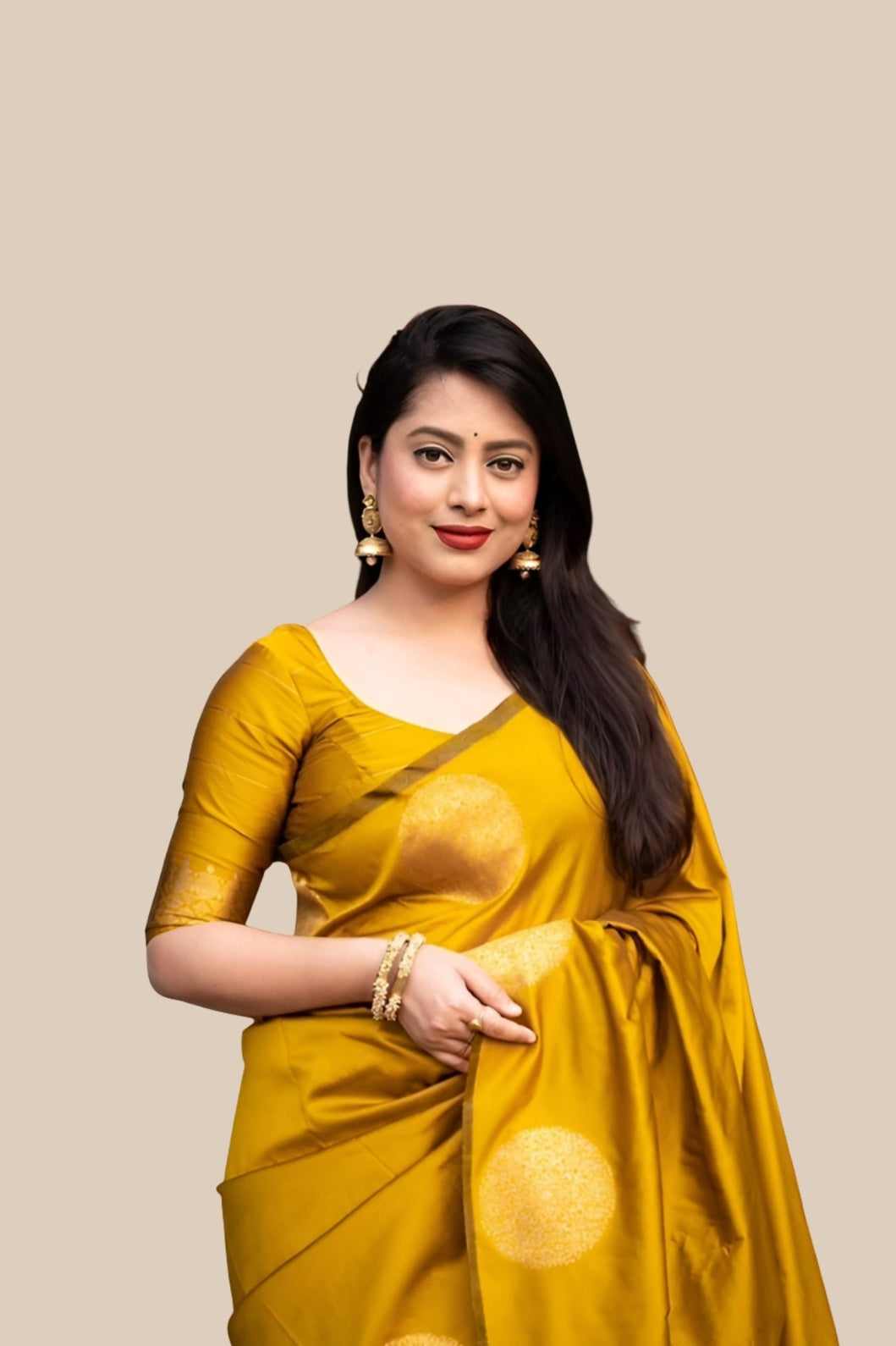 Studio front view of yellow printed silk saree