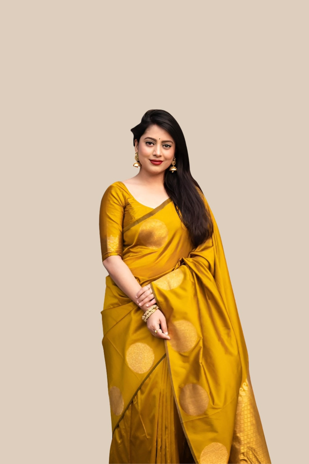 Studio front view of yellow printed silk saree