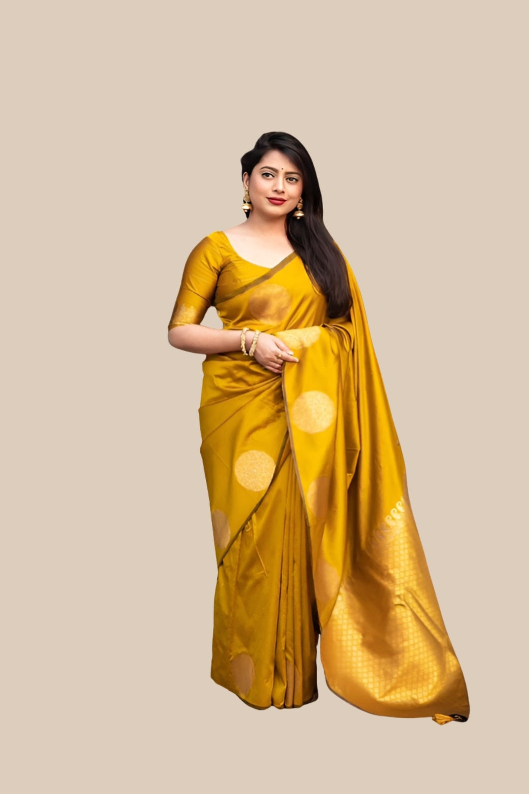 Studio front view of yellow printed silk saree