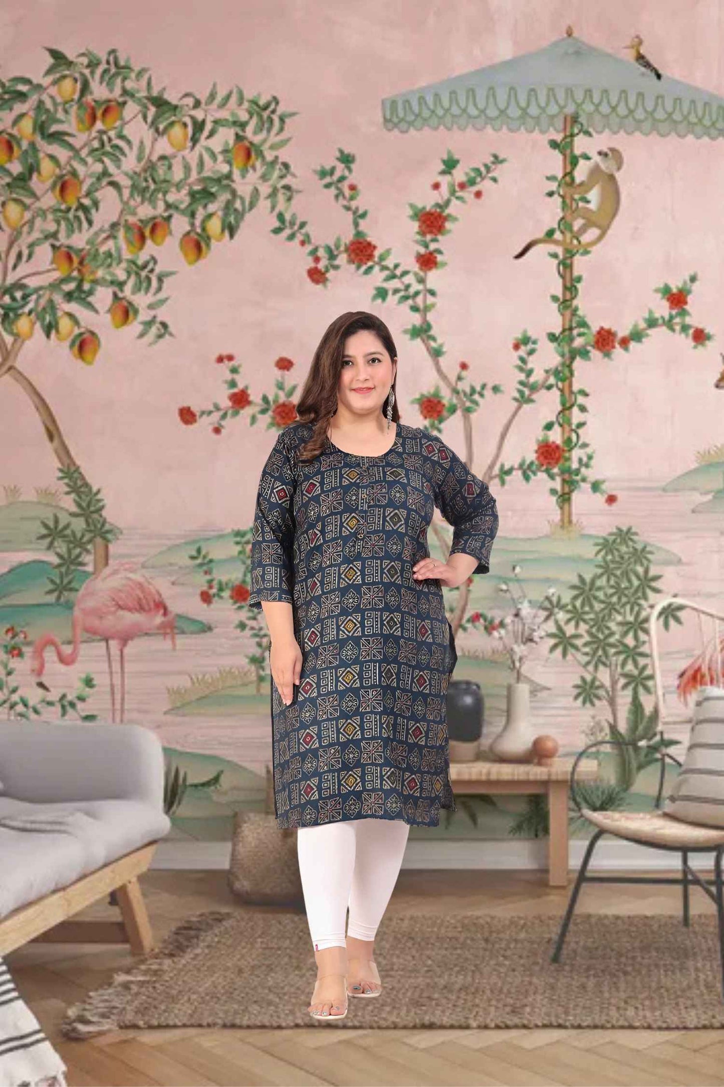 Front view: Green kurti with a gentle woodland backdrop 🌿