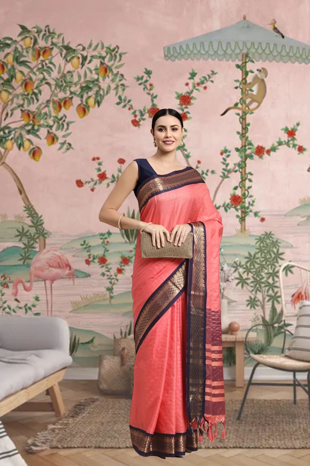 Front view of pink checkered saree in elegant indoor setting