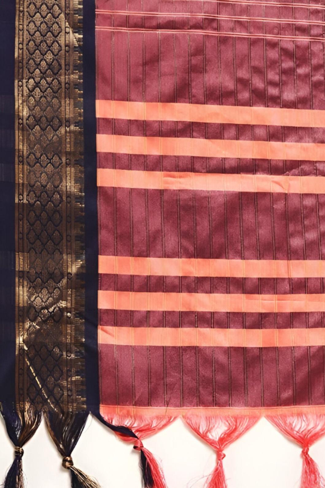 Studio close-up of saree pallu in cotton silk pink detail