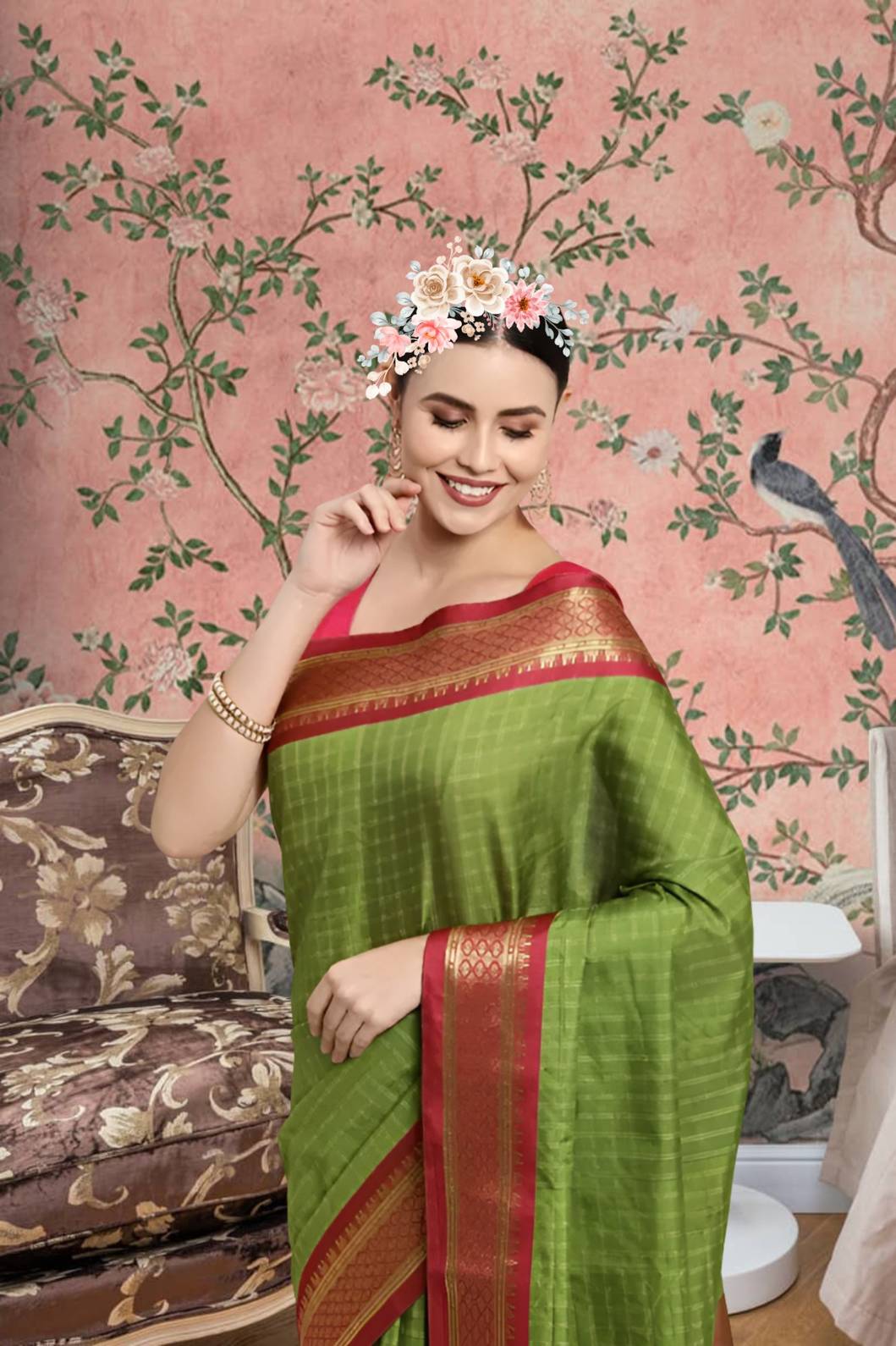 Front view of white checkered saree with Mehendi border in elegant palace setup