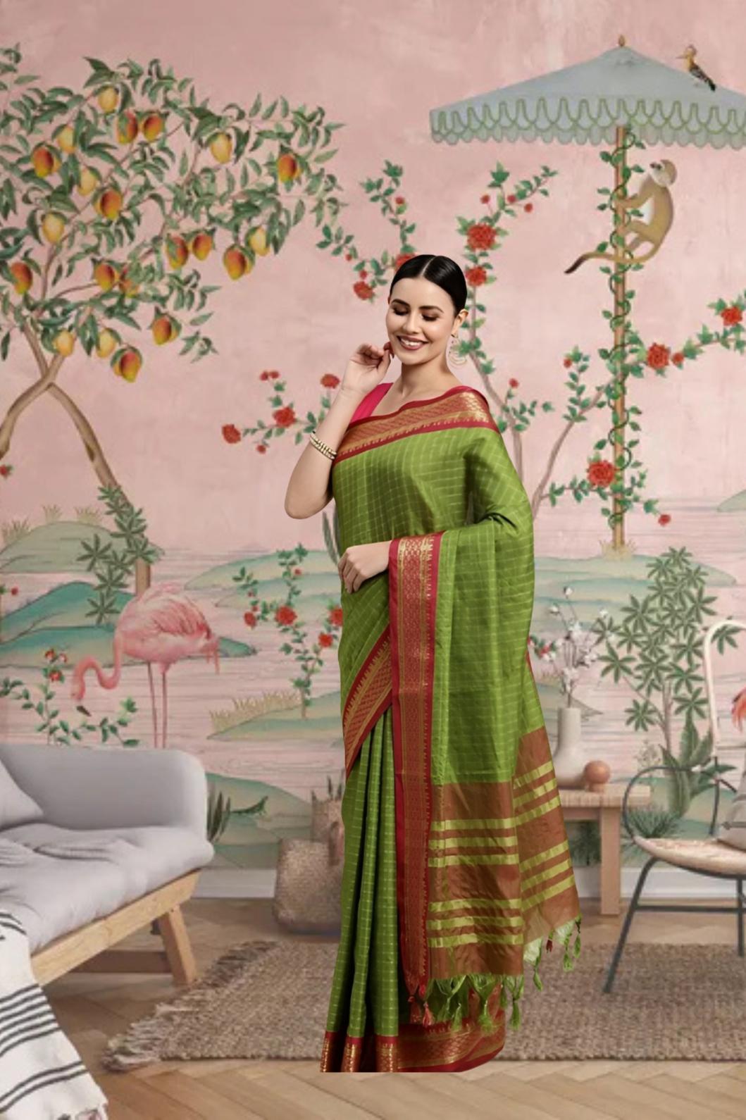 Front view of white checkered saree with Mehendi border in elegant palace setup