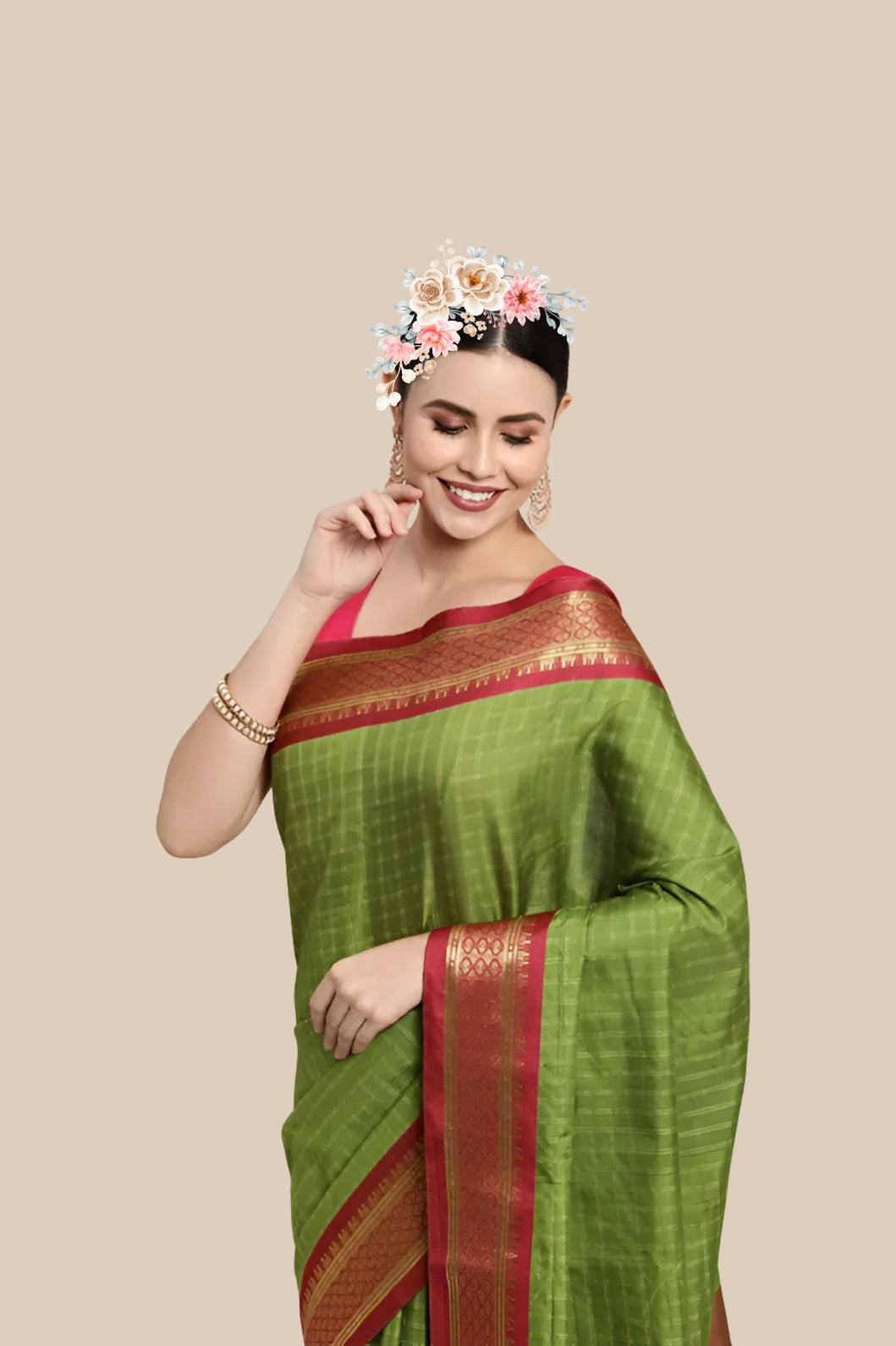 Studio front shot of white checkered saree with deep Mehendi blouse