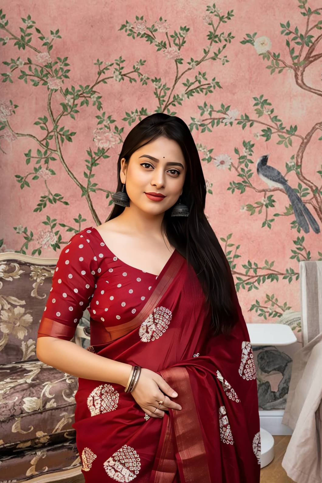 Front view of red cotton crape saree glowing in heritage palace light