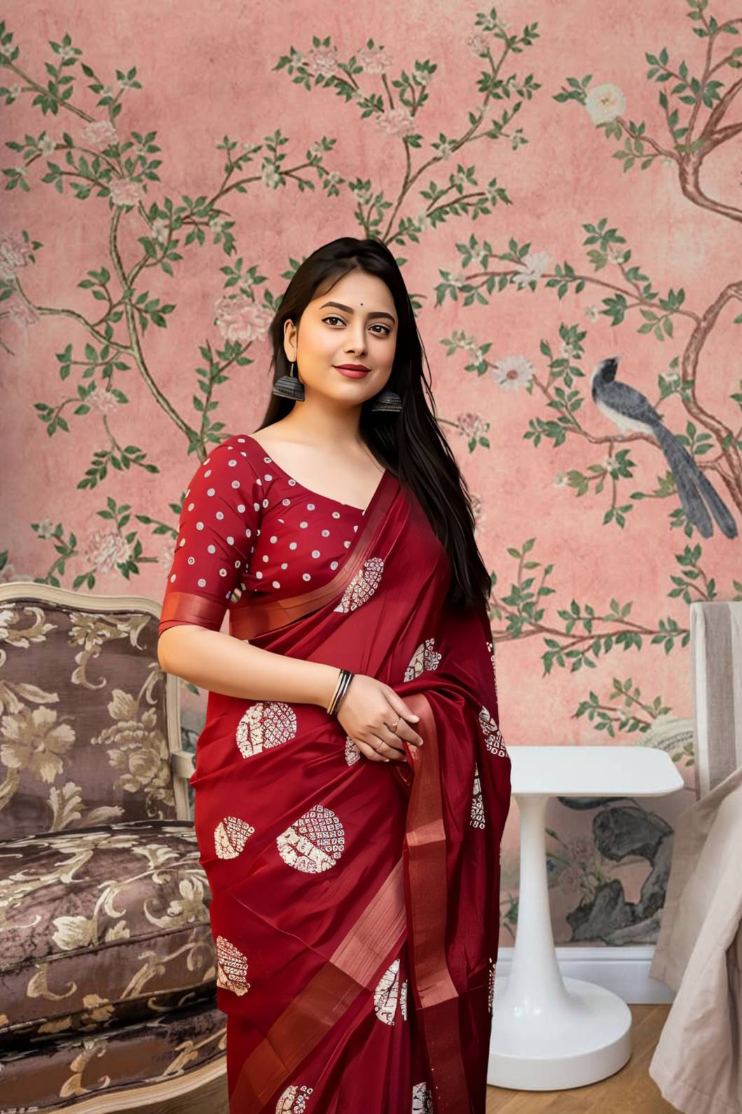 Front view of red cotton crape saree glowing in heritage palace light